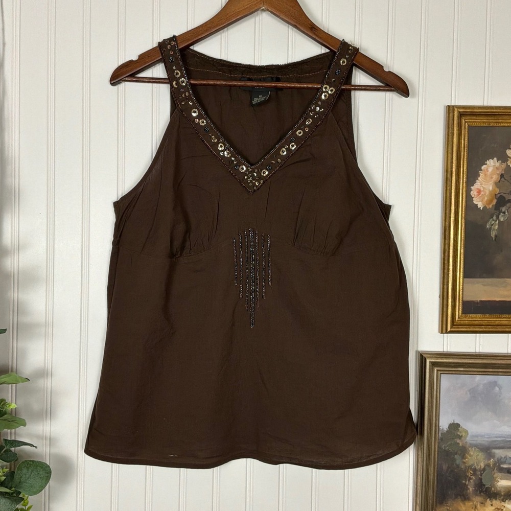 Venezia Sleeveless Tank Top Womens Size 14 Brown Excellent Beaded V-Neck Cotton